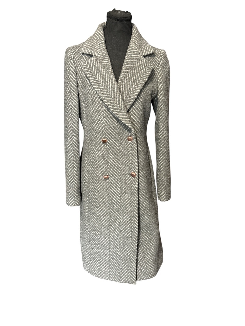 Ted Baker Gray Herringbone Chevron Wool Midi Coat